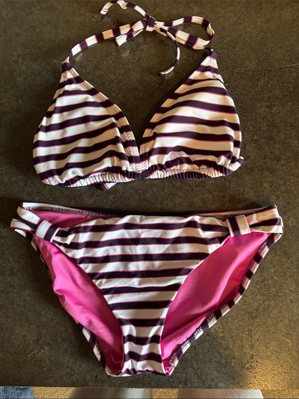 La Blanca Pink, White and Black Striped Halter Bikini